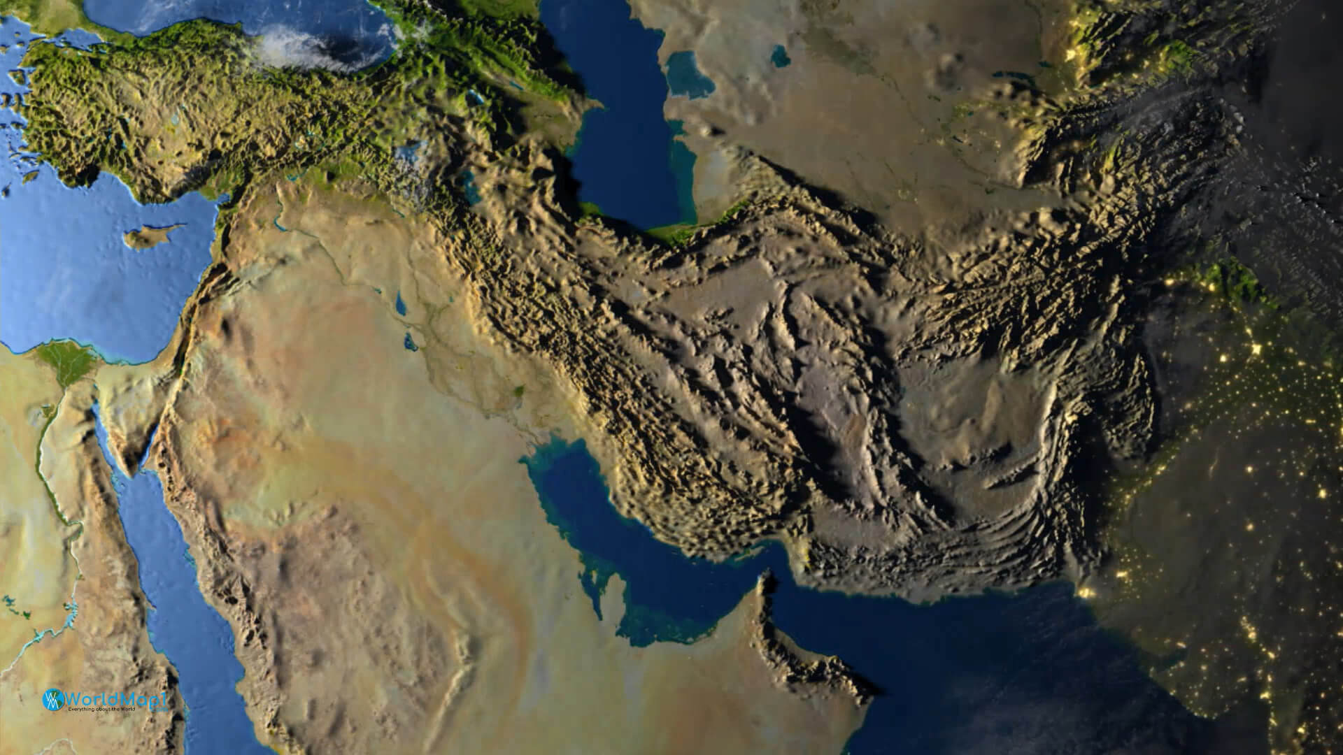 Middle Eastern Countries Satellite Map with Qatar